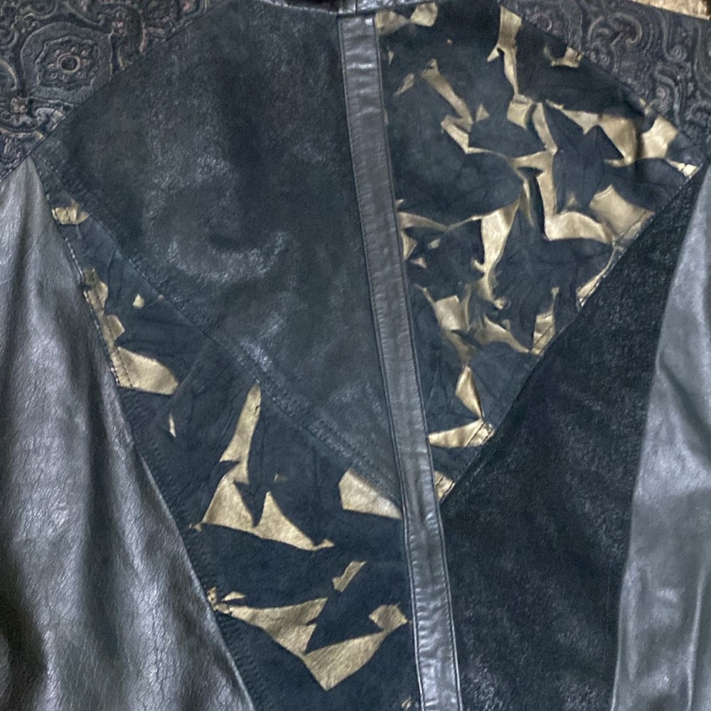 Vintage Nevada Blue Black Cut Design Pattern Leather Jacket Size L - Picture 11 of 12